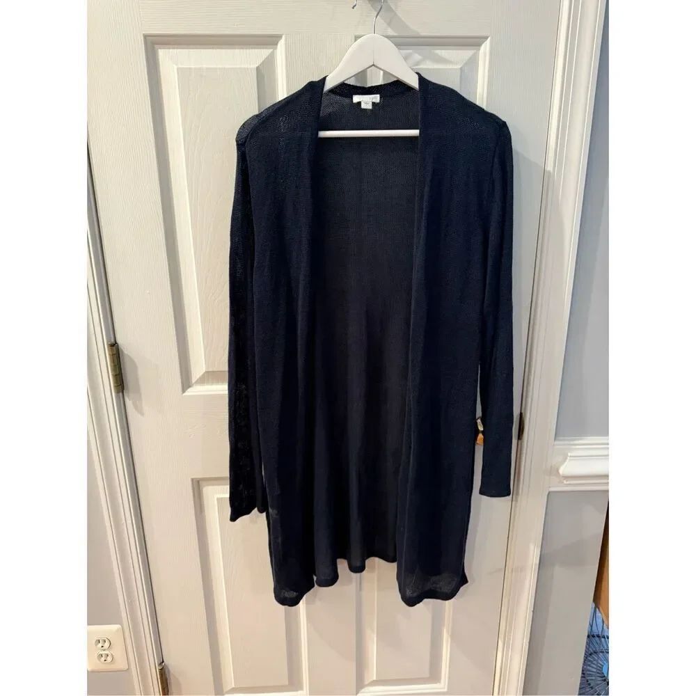 J. Jill Navy Light Weight Open Front Cardigan Duster Sweater Sz L EUC